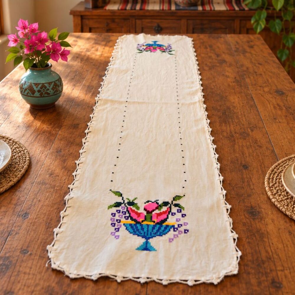 Vintage Mexican Embroidered Table Runner Folk Art Floral Crochet 53x14